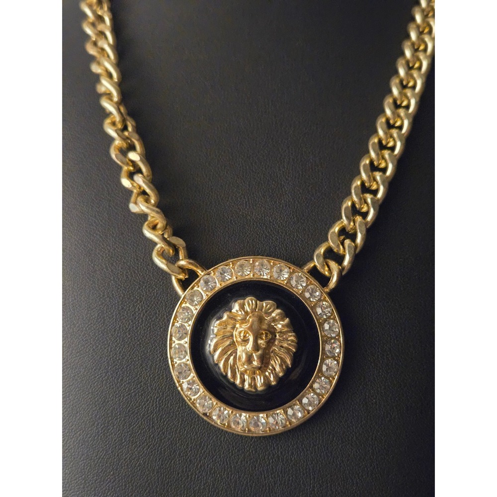 Lionhead Goldtone Statement Necklace Rhinestones Black Enamel Vintage